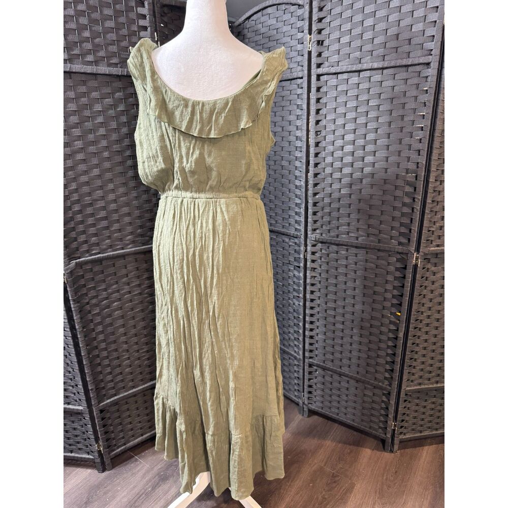 Luxology Olive Green Ruffle‑Neck Maxi Dress – Size L – Boho Button‑Front - Picture 2 of 5
